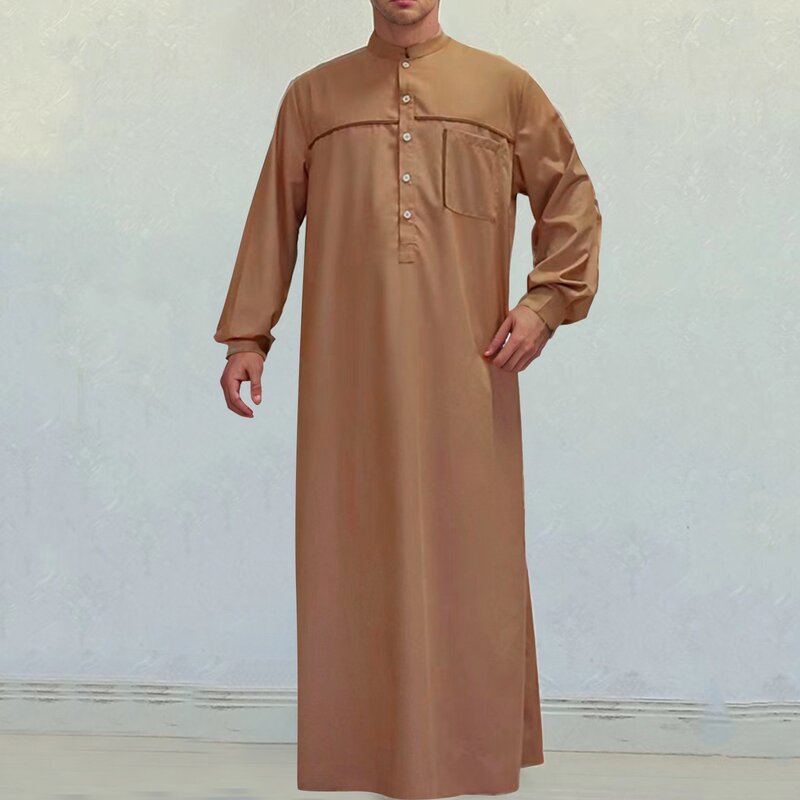 Мусульманский мужской Jubba Thobe с длинным рукавом и карманом, однотонный цвет, со стоячим воротником, исламский арабский кафтан, мужская мода, мусульманский Халат