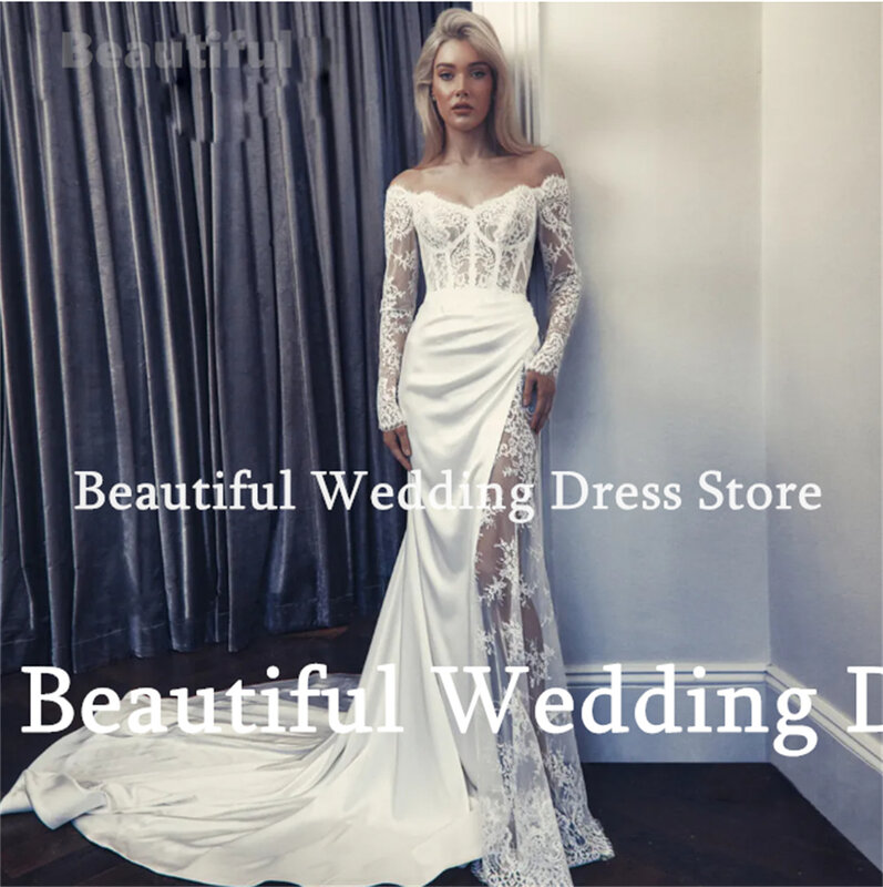 Charming Women Wedding Dress Off-Shoulder Long Sleeves Lace Satin Mermaid Floor-Length Sweep Train 2024 New Wedding Party Dress