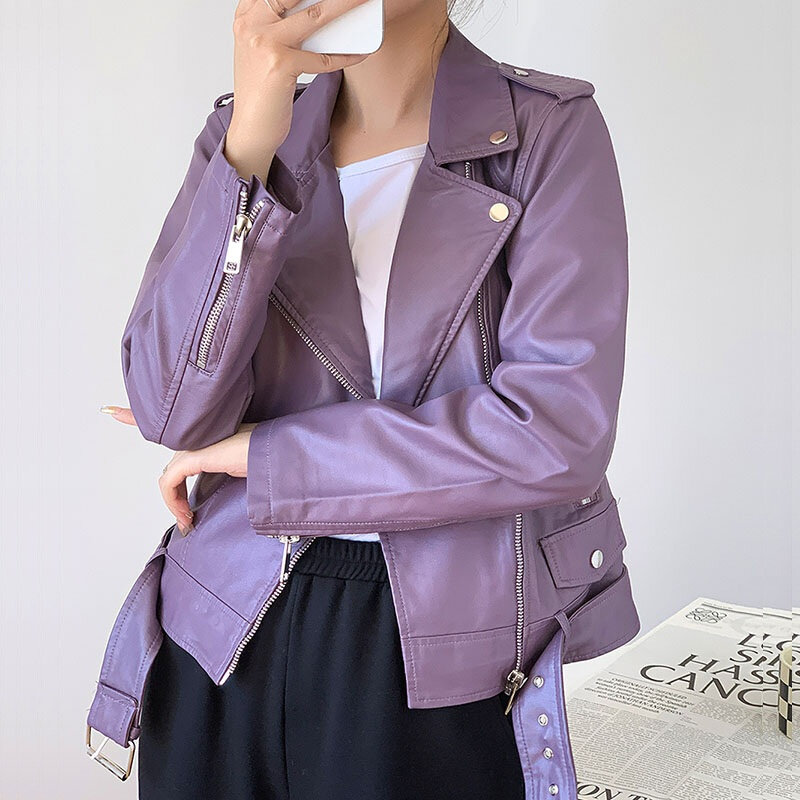 Mulheres coreanas curto imitação de couro do plutônio jaquetas fino com cinto outono turn-down colarinho manga longa feminino biker jaqueta outwear