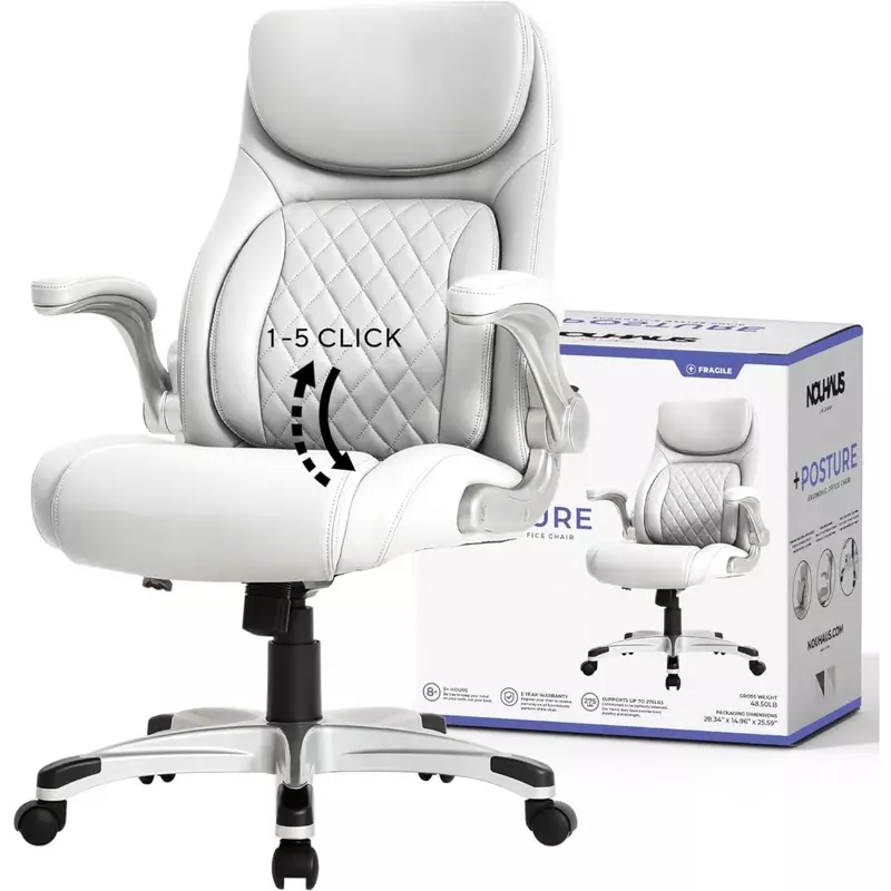 인체공학적 가죽 사무실 의자, 팔걸이가 있는 5 클릭 허리 지지대, 모던 이그제큐티브 의자, 컴퓨터 책상 및 의자 (흰색)