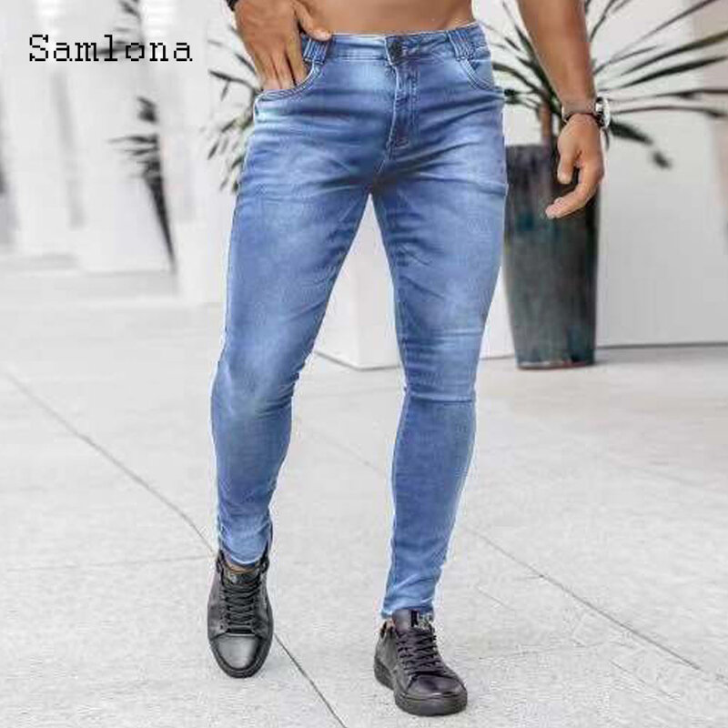 Samlona-Calça casual demin lápis masculina, moda europeia, jeans com zíper, moletom rasgado, buraco, jeans, calça lápis, 2023