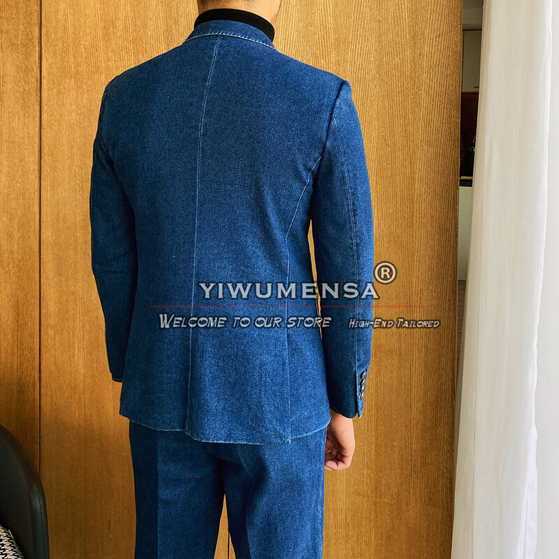 Elegan jas pria Dinim biru Double Breasted jaket celana 2 buah pekerja kantor bisnis Blazer disesuaikan Trajes De Hombre