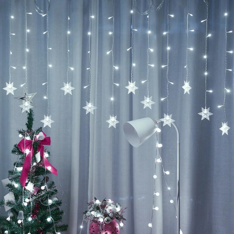 Cadena de luces LED de cortina de copo de nieve, guirnalda de Año Nuevo, decoración para fiesta en casa, jardín, decoraciones navideñas, luces de hadas