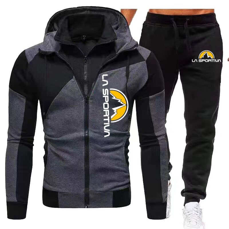 La Sportiva 2024 baru jaket ritsleting pria Pullover bertudung + celana olahraga kasual Jogging pakaian olahraga 2 potong Set untuk