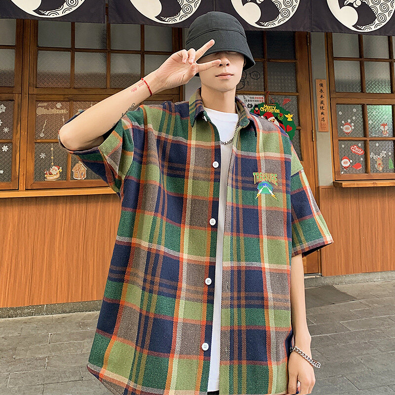 2024 Harajuku Summer Eembroidery Short Sleeve Plaid Shirt Men Lapel Patchwork Hip Hop Overalls Streetwear Vintage Loose Shirts
