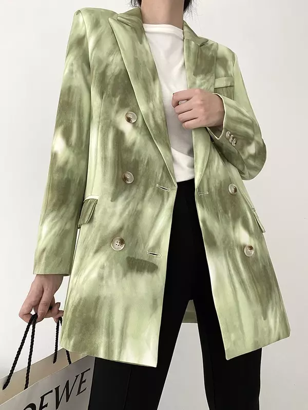 Повседневный простой блейзер с градиентом цвета, новинка 2024, женский модный двубортный Блейзер средней длины для офиса, осенне-зимний костюм