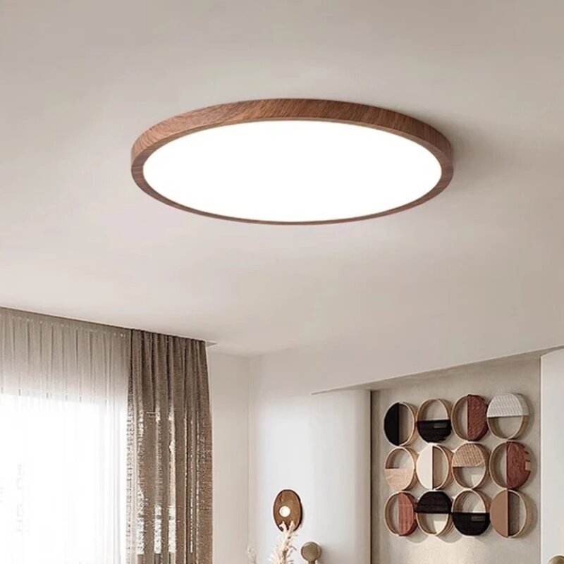 Nowoczesne oświetlenie sufitowe LED okrągłe ultracienki orzech z drewna oświetlenie dekoracyjne do sypialni w salonie jadalnia lampa domowa
