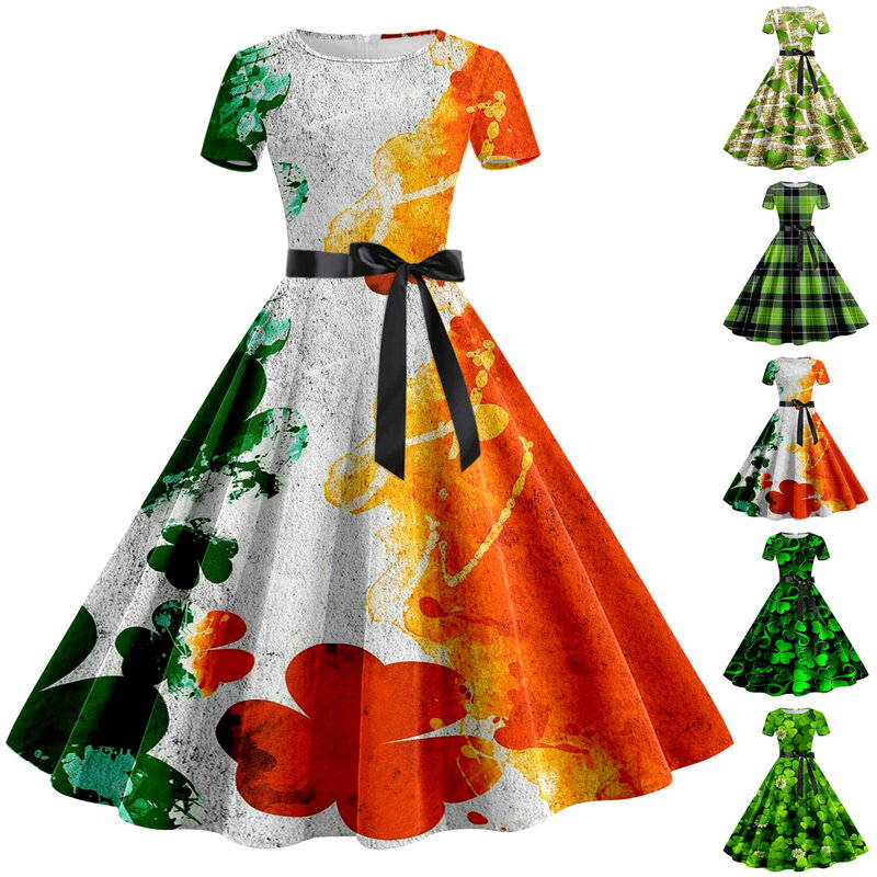 여성용 St Pa Day 프린트 반팔 드레스, 1950 년대 주부 이브닝 파티 무도회 미드 드레스, 여성용 캐주얼 랩 드레스, 여름