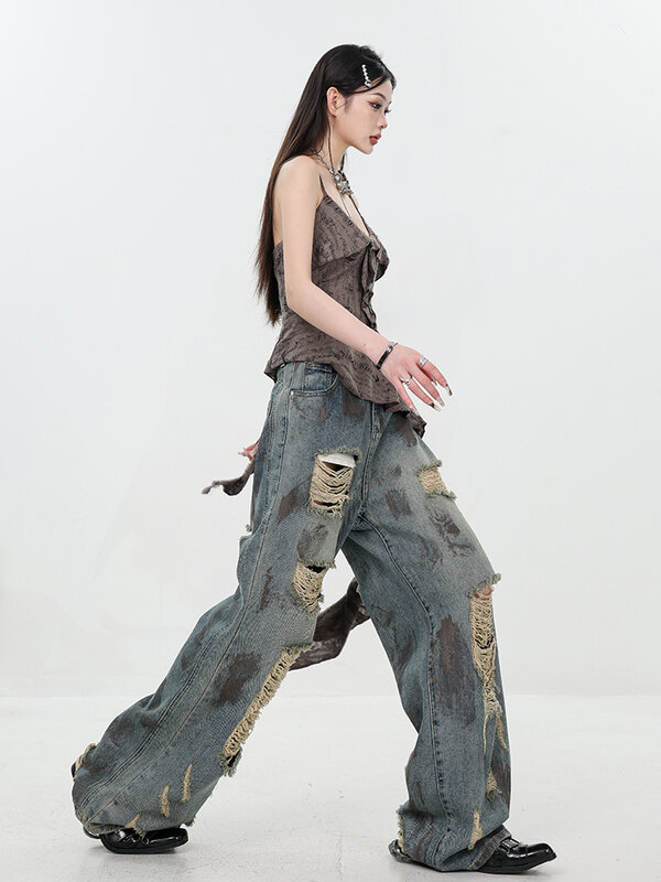 Celana Denim lurus wanita, Jeans Y2k pinggang tinggi berlubang Retro Amerika, celana Denim kaki lebar gaya jalanan longgar