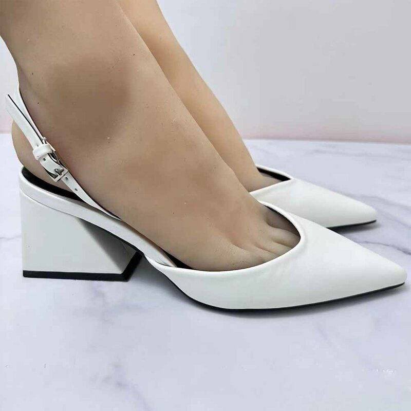 Zapatos de cuero blanco para mujer, Sandalias de tacón alto sin tirantes con tacones puntiagudos, tacón grueso, primavera de 2024