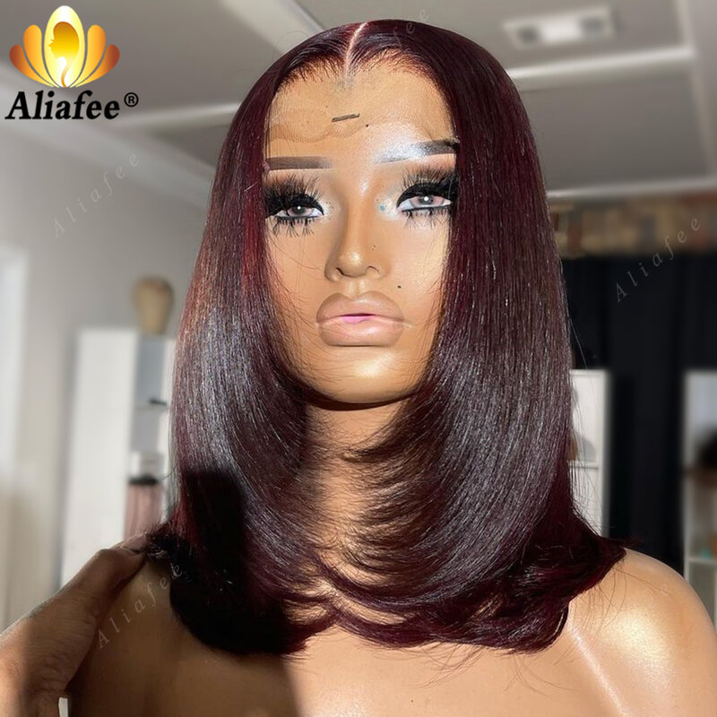 Wine Red 99J Color Short Bob Human Hair Transparent 180% Density Full 13X4 Lace Frontal Wig Human Hair for Women Preplucked Wig