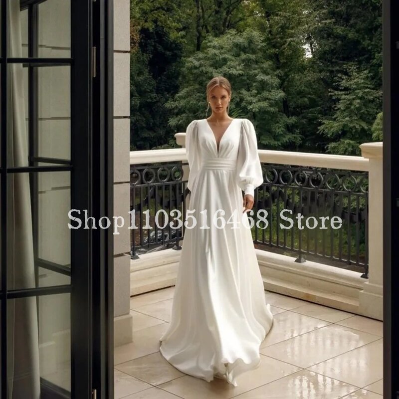 Elegante weiße A-Linie Brautkleider für Frauen V-Ausschnitt Satin Langarm formelle Gelegenheit Couture lange Brautkleider de Soirée