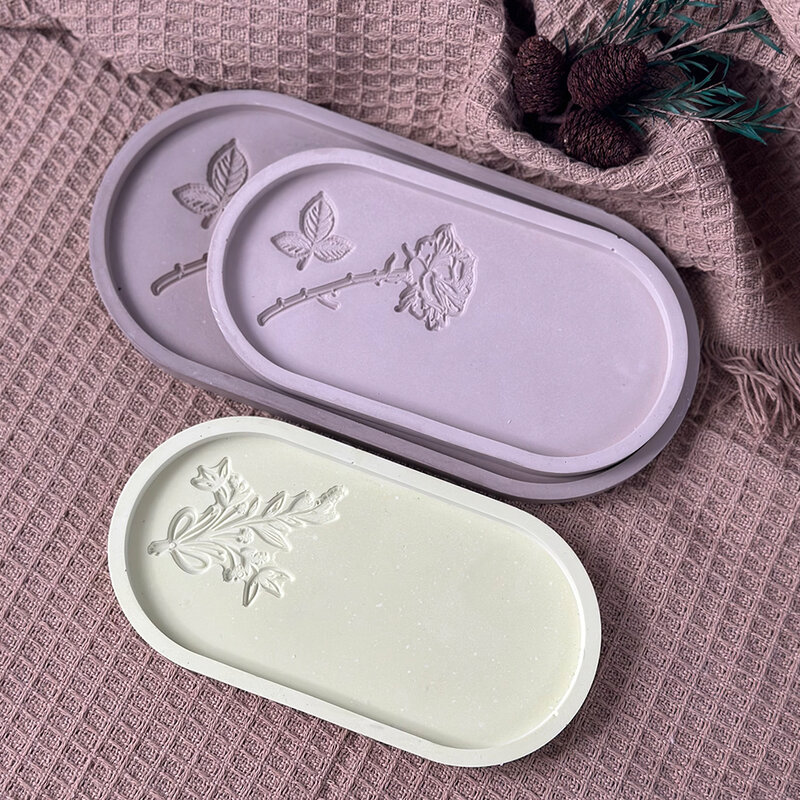 Carved Flower Oval Tray Silicone Mold DIY Concrete Cement Storage Dish Mould Jewelry Display Plate Plaster Resin Casting Molds