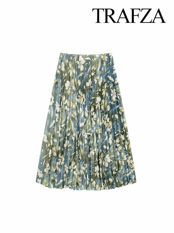 TRAFZA-faldas elegantes e informales para mujer, faldas plisadas por debajo de la rodilla con estampado Floral metálico Vintage, cintura alta, 2024