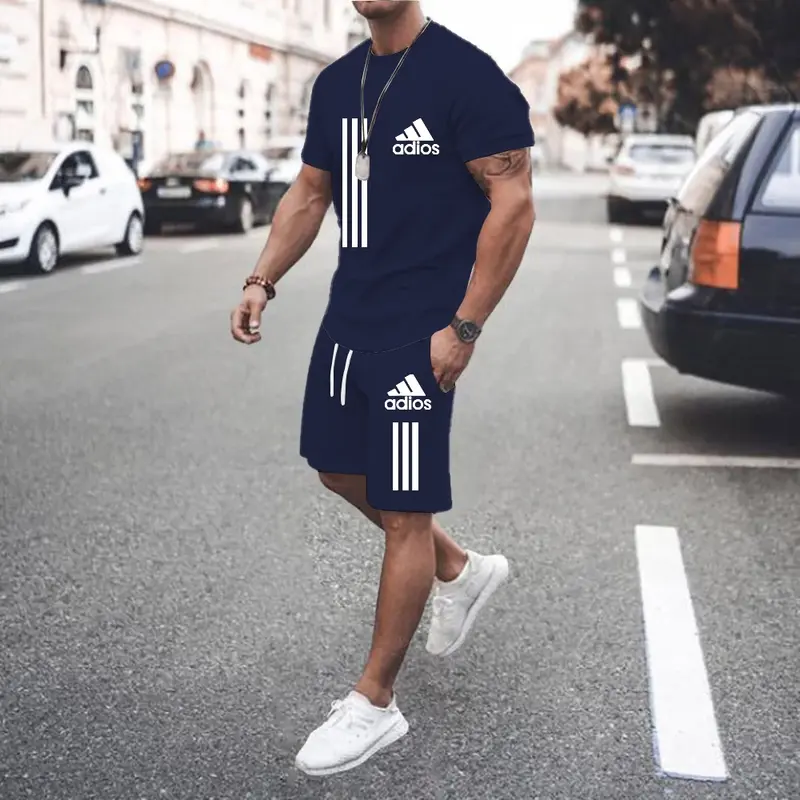 2024 new men's short sleeve T-shirt leisure pants 3D printing trend fashion casual pants two-piece set