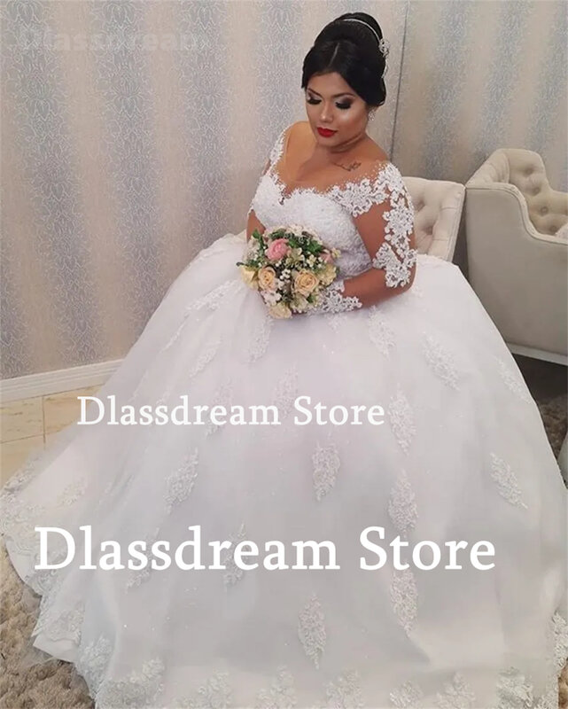 Nowa luksusowa damska suknia ślubna z prześwitującymi z wycięciem długimi rękawami księżniczki suknia balowa koronkowe aplikacje o linii suknia ślubna z tiulu