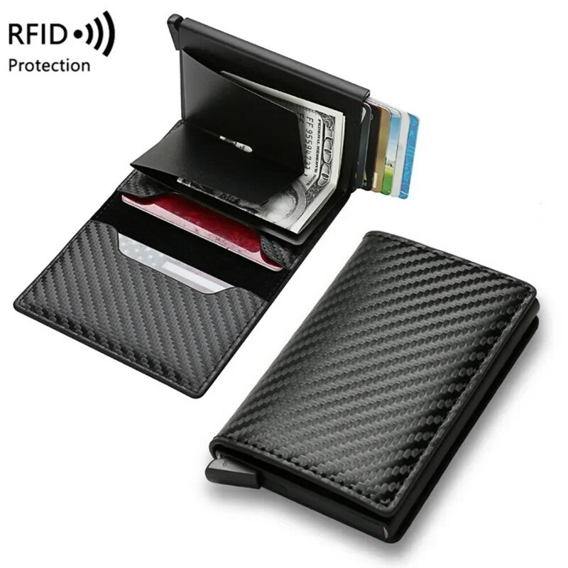 Tarjetero de fibra de carbono para hombre y mujer, Mini billetera delgada de PU, Plegable, portátil, RFID