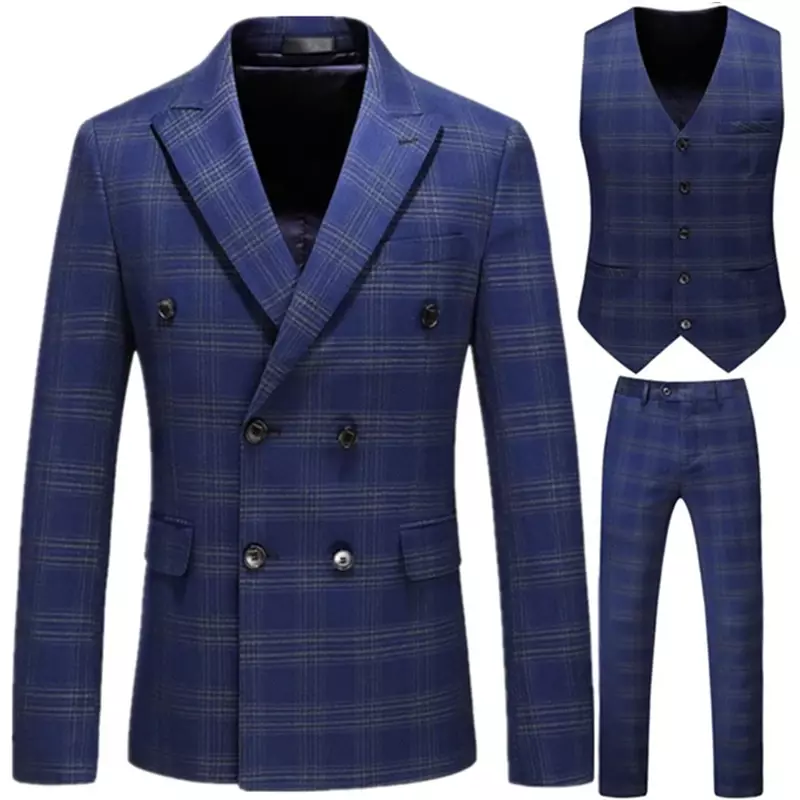 Blazer de peito duplo Slim Fit masculino, terno de alta qualidade, jaqueta de casamento masculino, casaco, calças, colete, cavalheiro, 3 peças conjunto