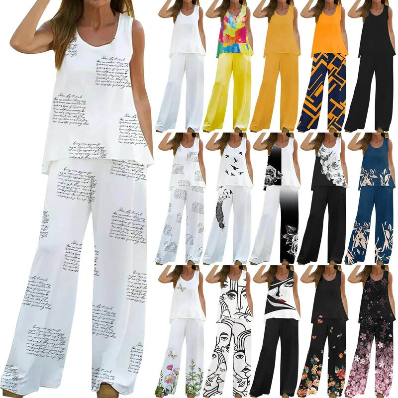 Women 2 Piece Outfits Boho Casual Printed Vest Sleeveless Top Loose Wide Leg Pants Trousers Set Suit Personalized Fashion