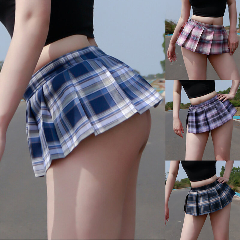 Rok Mini lipit kotak-kotak rok JK Fashion musim panas untuk anak perempuan rok pendek berlipat seksi pinggang rendah pakaian klub pakaian pesta wanita