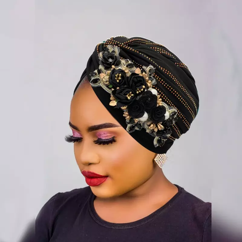 Diamond Flower African Head Wraps Nigeria Wedding Party Headpiece Twisted Headsarf Hat 2024 Fashion women's Turban Cap