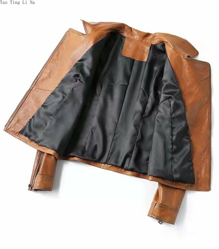 女性の本革のジャケット,シープスキンジャケット,薄いオートバイの本物の羊の革のジャケット,2023
