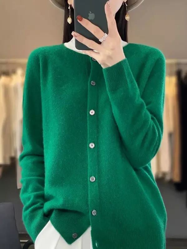 New Chic Autumn Winter Women‘s O-neck Grace Cardigan Sweater 100% Merino Wool Solid Cashmere Knitted Female Clothing Basic Tops
