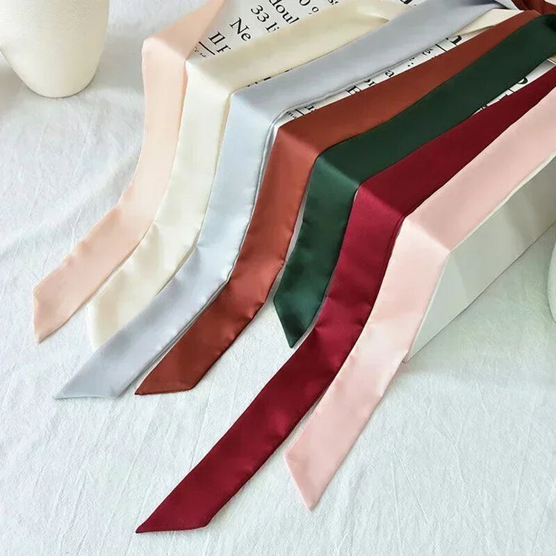 5X190CM Women Narrow Long Scarf  Solid Color Chiffon Silk Rubber Red Tie Black Bag Ribbon Headbands Choker Streamer