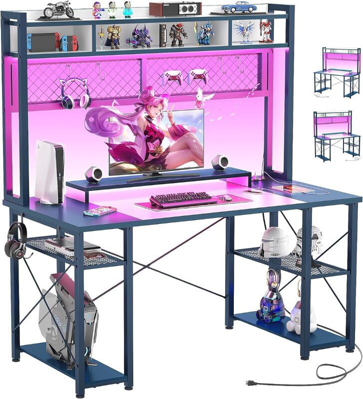 Armocity-escritorio para juegos mejorado 2024 con Hutch, escritorio mágico para ordenador de 48 pulgadas con luces LED y enchufes, escritorio Reversible para estación de trabajo