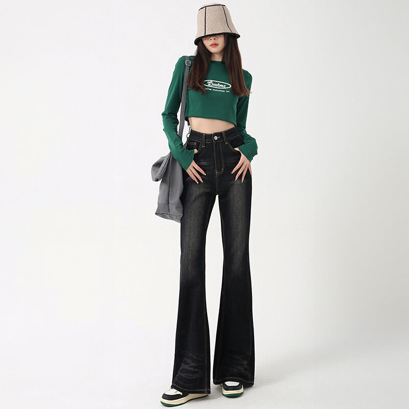 Calça jeans reta feminina de cintura alta, larga, de algodão, preta, lavada, folgada, casual, comprimento total, moda feminina
