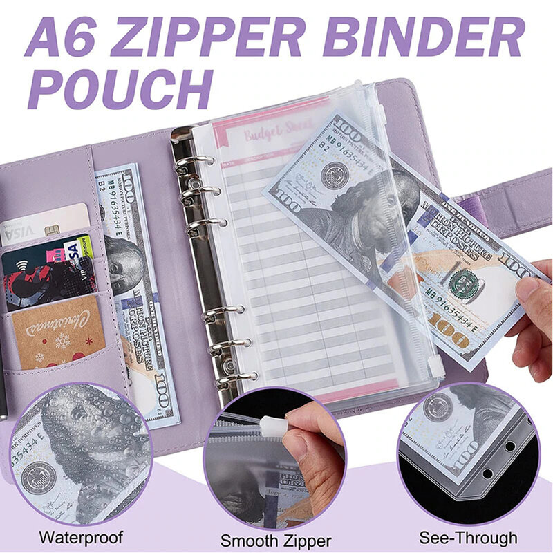 A6 Budget Binder Notebook, Organizador de dinheiro, Planejador de dinheiro, 8 Envelopes Zipper, 2 adesivos em 1, Saving Wallet