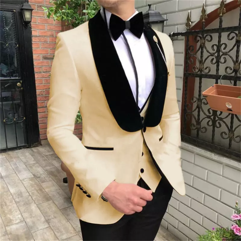 Men Suit 3 Pieces With Black Shawl Lapel Slim Business Casual For Wedding Groom Banquet Work Tuxedos Set Jacket Vest With Pants