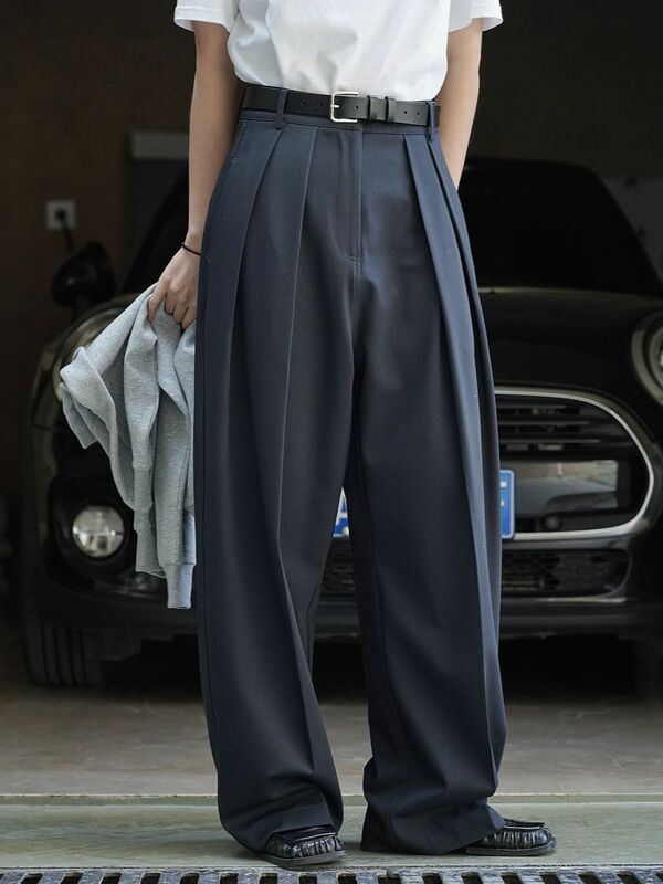 Beige/Dark Gray Suit Pants for Women Korean Wide Leg Trousers Vintage Streetwear High Fashion Office Ladies Work Pants