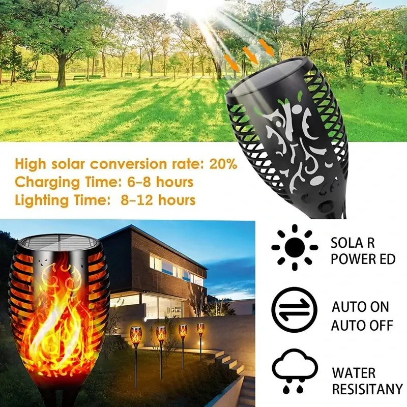 Lampe solaire imperméable à 96LED, éclairage d'extérieur en forme de flamme vacillante, luminaire décoratif de paysage, idéal pour un jardin, une pelouse ou un sentier