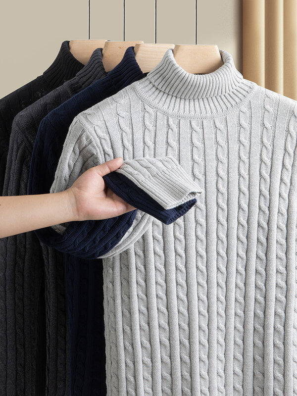 2023 Зимний новый свитер с воротником под горло, мужской утепленный флисовый теплый вязаный пуловер, Теплый Бархатный свитер