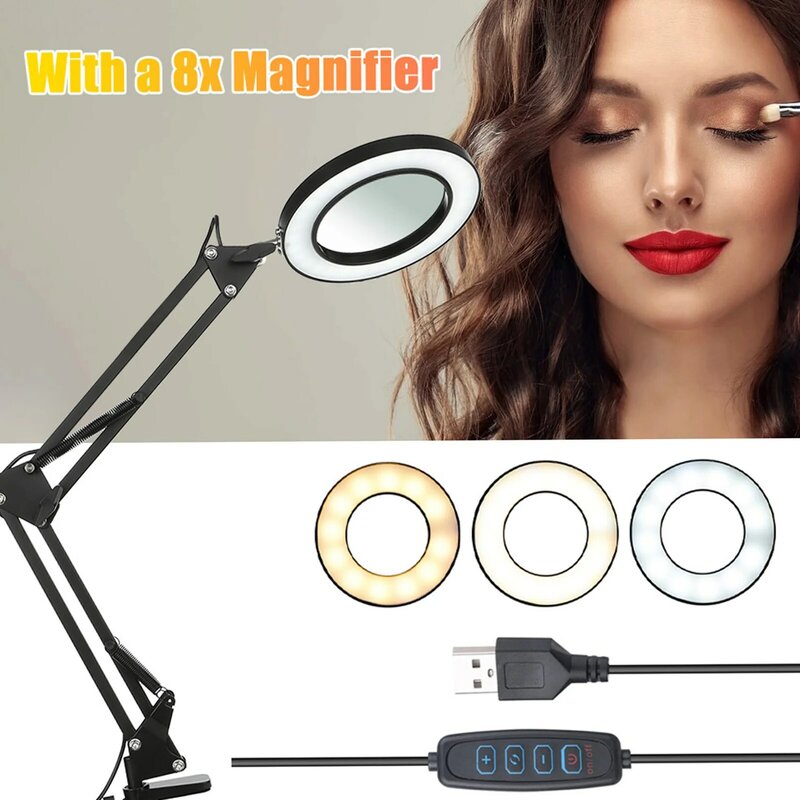 Clamp-on Foldable Desk Lamp Large 5X USB LED Magnifying Glass 3 Colors Dimmable Illuminated Magnifier Lamp Reading/Soldering
