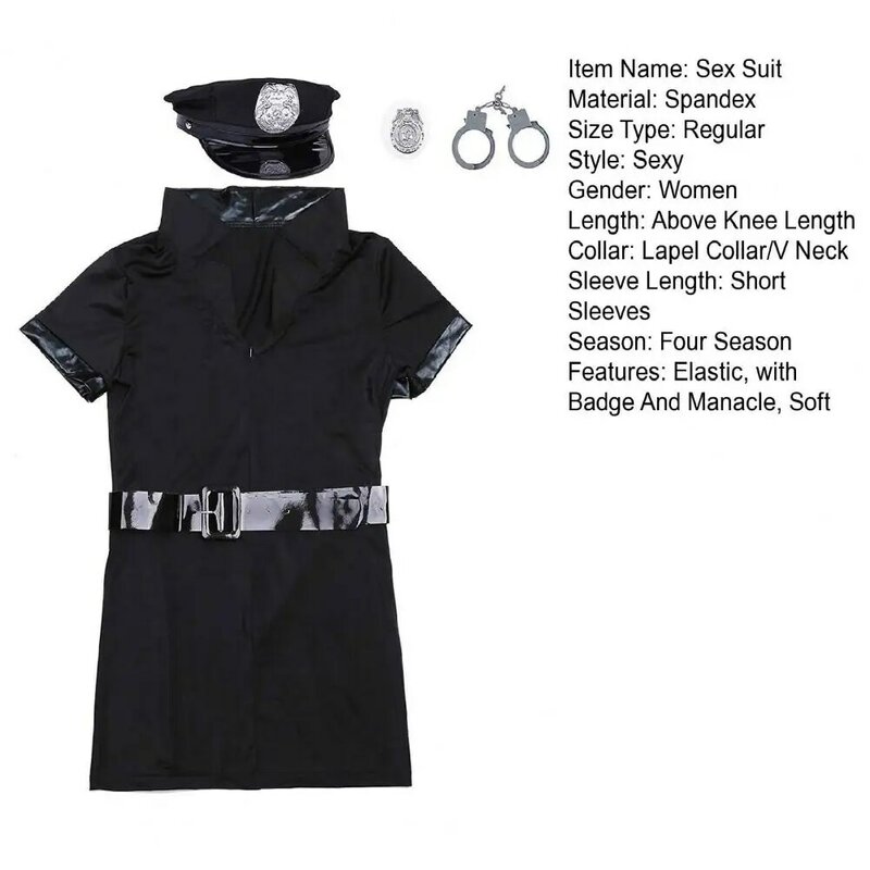 V Neck Cops Mini Dress Women Sex Suit Sexy Cops Cosplay Uniform with Lapel V Neck Mini Dress Badge Manacle Belt Women Dress