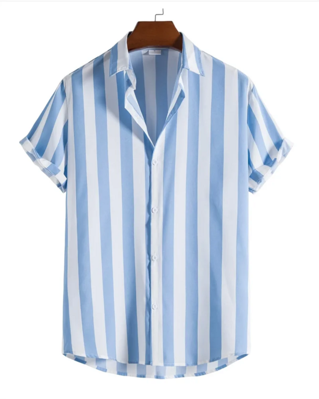 Camisa masculina de botão manga curta, roupa de lapela listrada, camisa de praia casual havaiana, moda verão, 8 cores, 5XL, 2024