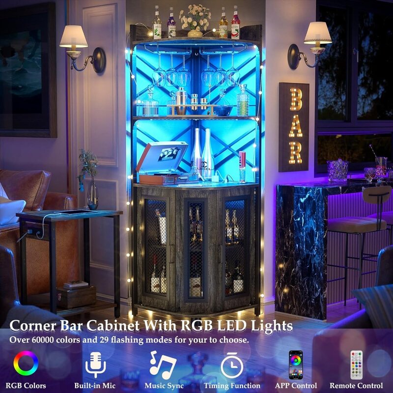 Aheaplus Canto Bar Armário com Power Outlet, Industrial Wine Cabinet com LED Strip e Suporte de Vidro, 5 Tiers Liquor Cabinet
