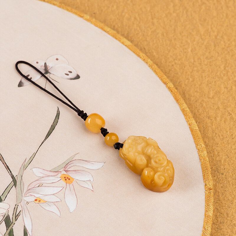 Pixiu-Porte-clés jaune naturel diversifié pour femmes et hommes, véritable lanière de bijoux, accessoires de voiture, breloque pour téléphone, créateur de mode, cadeaux