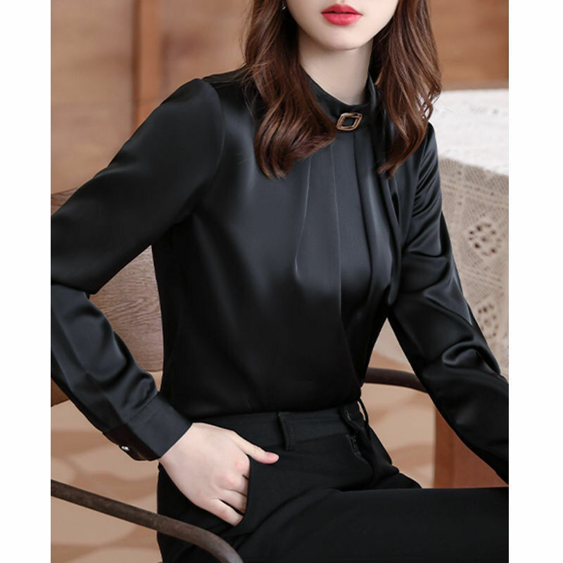 Blusa plissada monocromática feminina, camisa de escritório, manga comprida, gola-O, combina com tudo, chiffon, novo, alta qualidade, moda, outono, 2022