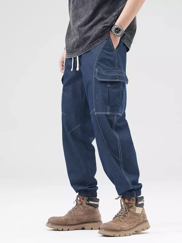 2024 New Spring Summer Men Jeans Joggers Multi-Pockets Drawstring Waist Denim Cargo Pants Cotton Casual Loose Jean Trousers