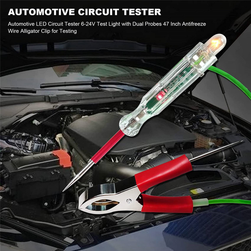 LED otomotif Tester sirkuit 6-24v lampu uji dengan probe ganda 47 inci antibeku kawat klip Alligator untuk pengujian