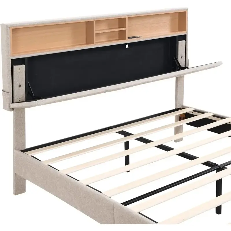 Bed frame bedroom furniture: Adjustable headboard with storage and USB ports,full,grey modern upholstered platform bed,No Spring