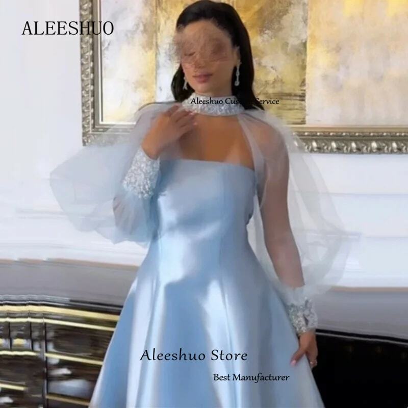 Aleeshuo Prachtige A-Lijn Strapless Prom Dress Met Kralen Lovertjes Lange Mouwen Formele Gelegenheden Avondjurk Plooi Feestjurk