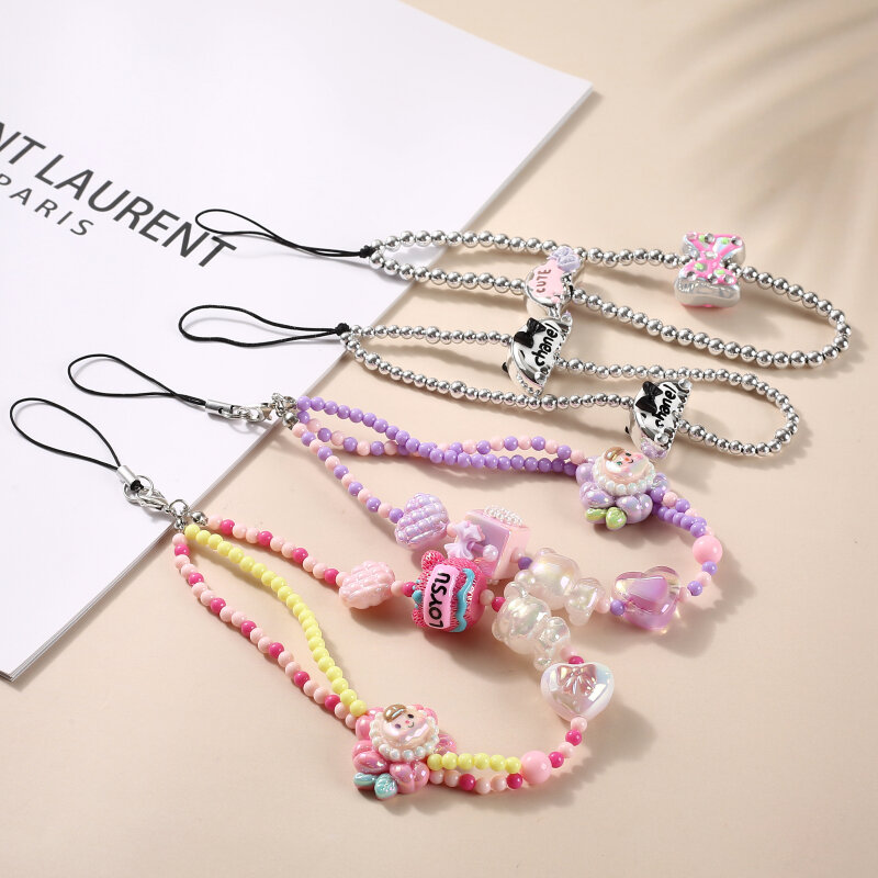 Fashion Cartoon Flower Heart Bow Beaded Mobile Phone Chain For Women Girls Anti-Lost Acrylic Cellphone Chain Lanyard Jewelry