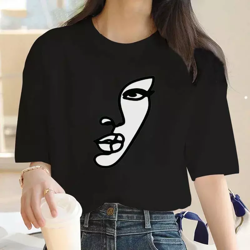 Abstract Simple Stroke Face Prints Women T-Shirts Hip Hop Breathable Short Sleeve Soft Street Casual Tops Female Tee Clothing