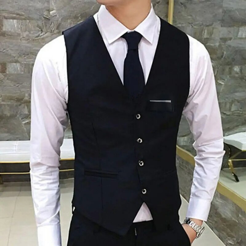 Gentle Men Formal Vest Sleeveless Pocket Single-Breasted Waistcoat Classic Black Suit Vest Men Business Wedding Vest Tank Top