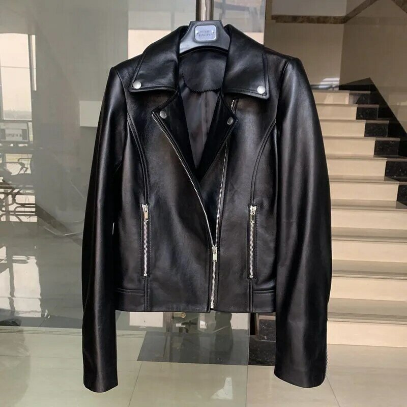 2023 Spring New Short Slim Fit Motorcycle Jacket Women 100% Sheepskin Real Leather Coats Ladies Genuine Leather Jackets Female