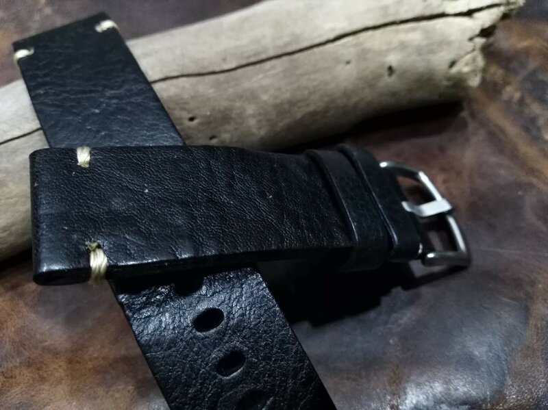 Black Handmade First Layer Italian Calfskin Strap, 20MM 22MM Retro Style Leather Watchband Men's Military Watch Sport